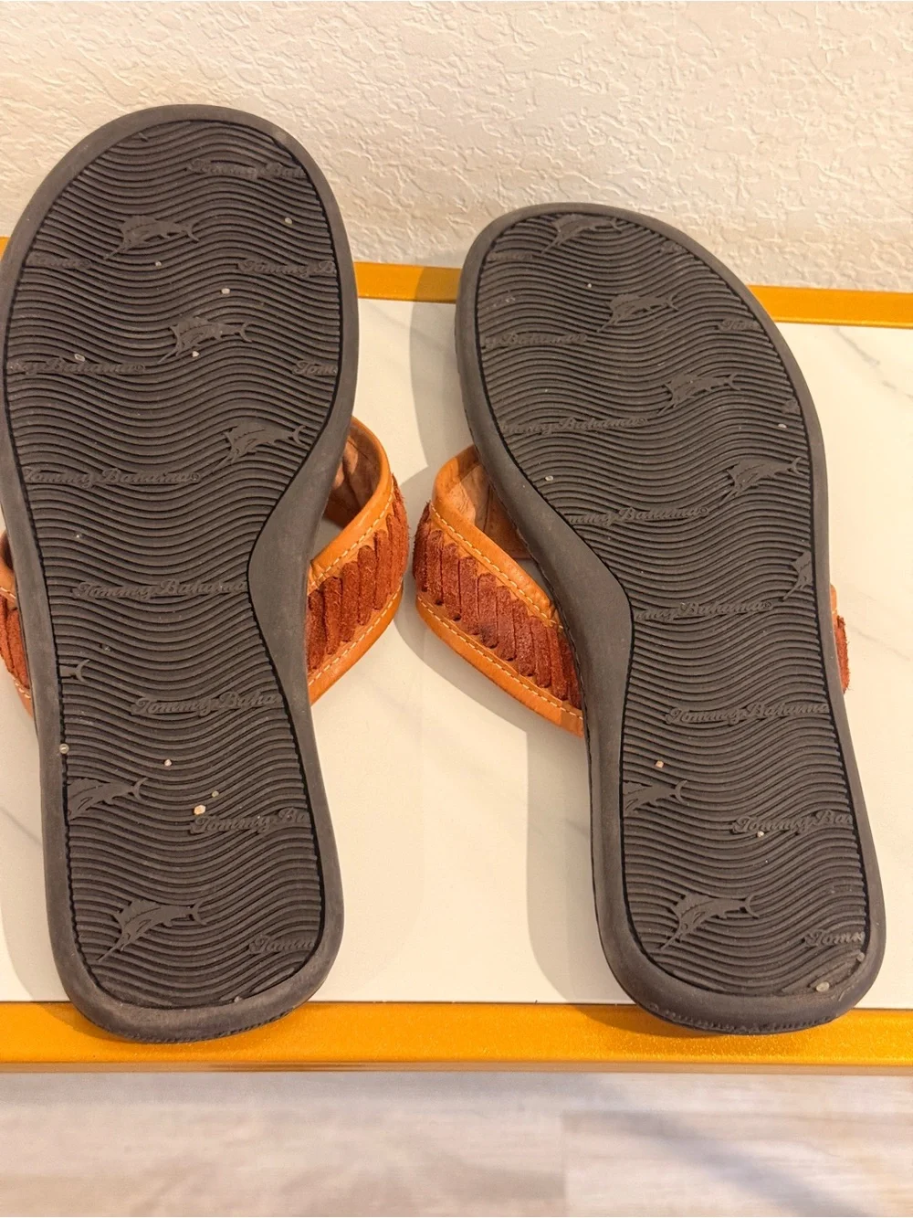 3 BUNDLE Brown Leather, Black Thong Sandals with‎ Dolphin Logo (check photos)